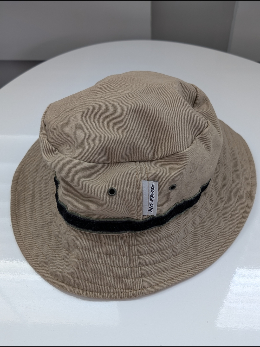 Vintage No Fear Bucket Hat Made in USA Khaki Tan Cotton S/M 90s Y2K Safari